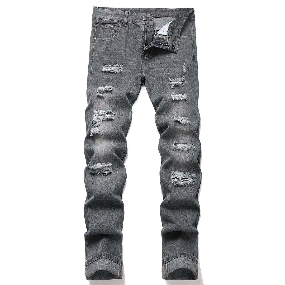 Dark gray distressed straight denim jeans for men featuring multiple frayed tear patches along the legs.