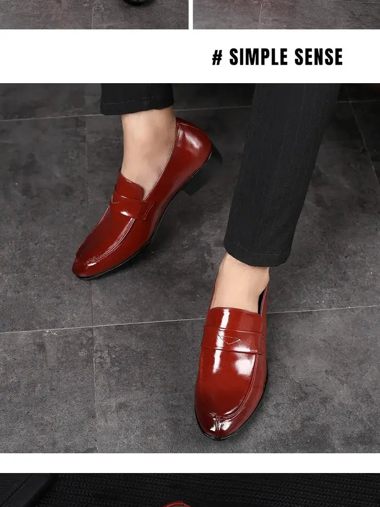 Shiny red patent leather men’s business dress loafers with a sleek pointed toe design.