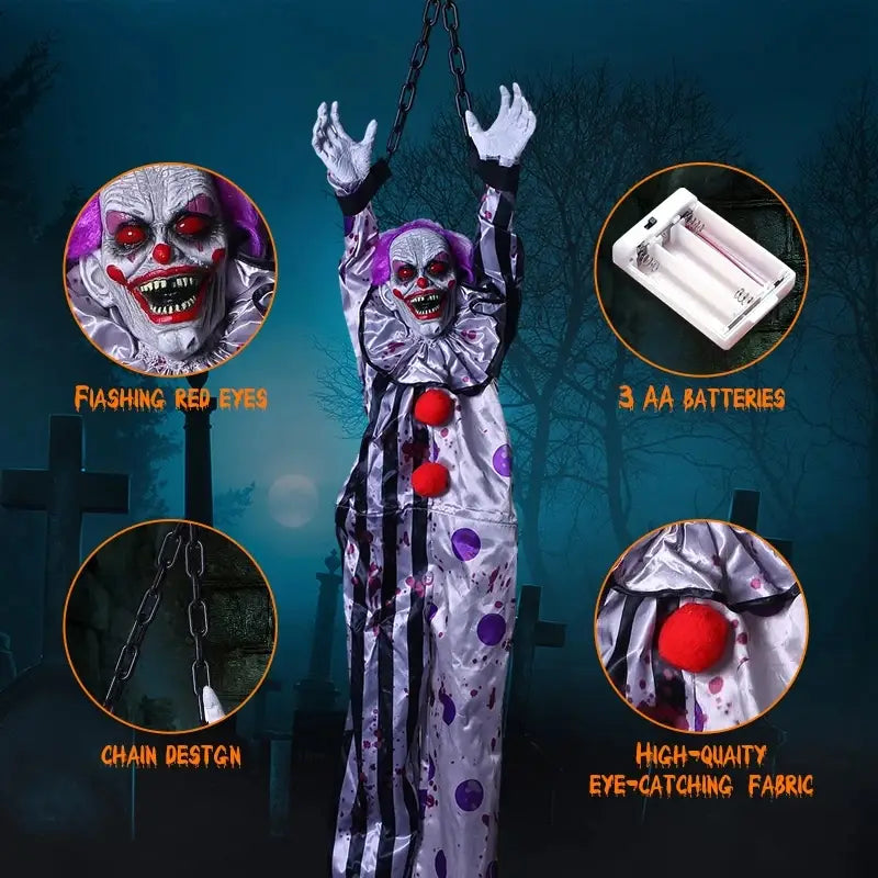 hängender Geist mit Sprachsteuerung, animierter Clown für Halloween, mit blinkenden roten Augen; trägt ein silbernes und violettes Kostüm mit Pünktchen und schwarzen Streifen