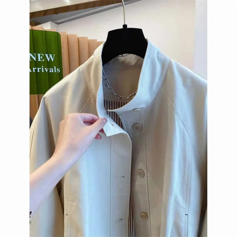 Women Short Trench Coats Striped Lining Loose Windbreaker Jackets Single Breasted Stand Collar Casual Tops Spring Autumn New