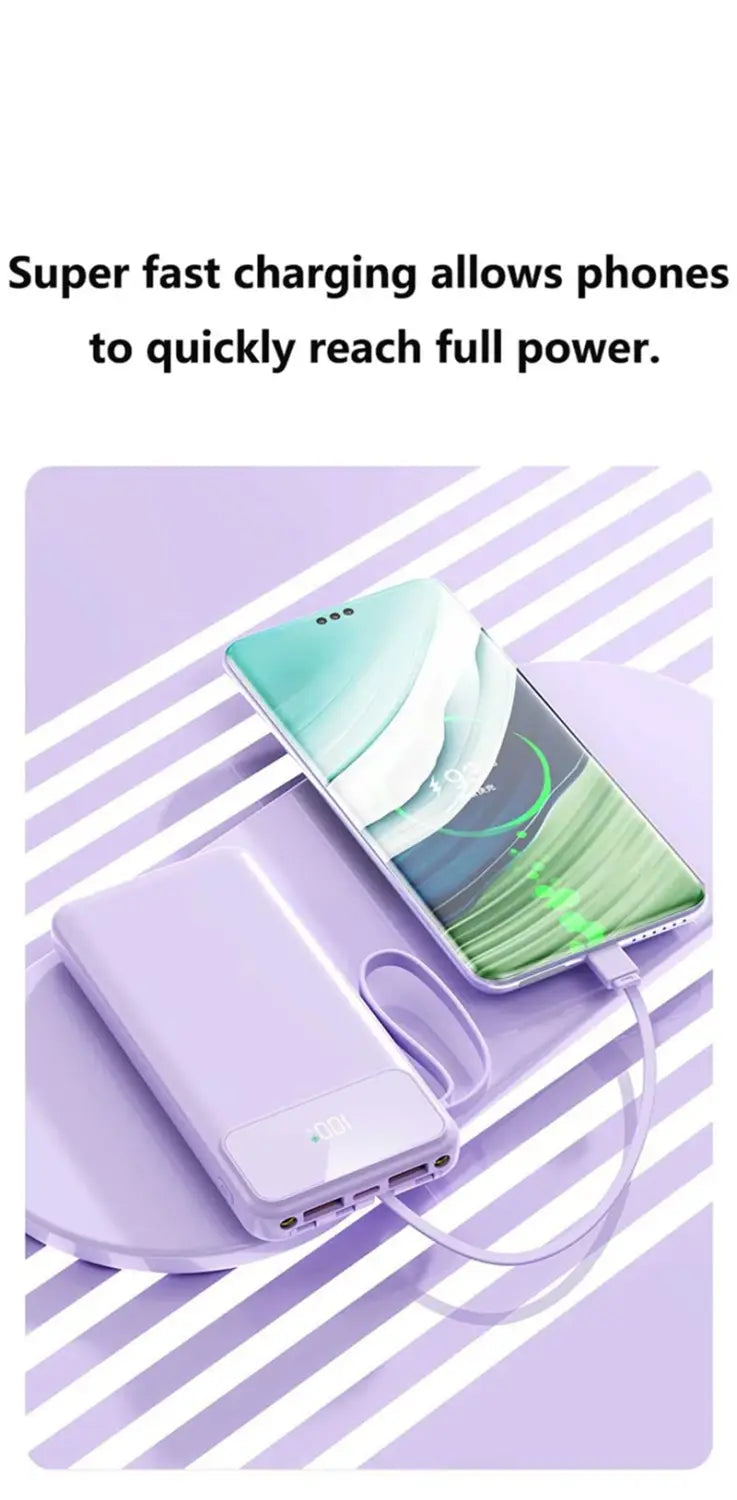 Banco de energía portátil color lavanda con asa integrada y múltiples puertos de carga, que ofrece capacidades de carga rápida de 50000 mAh con cables integrados.