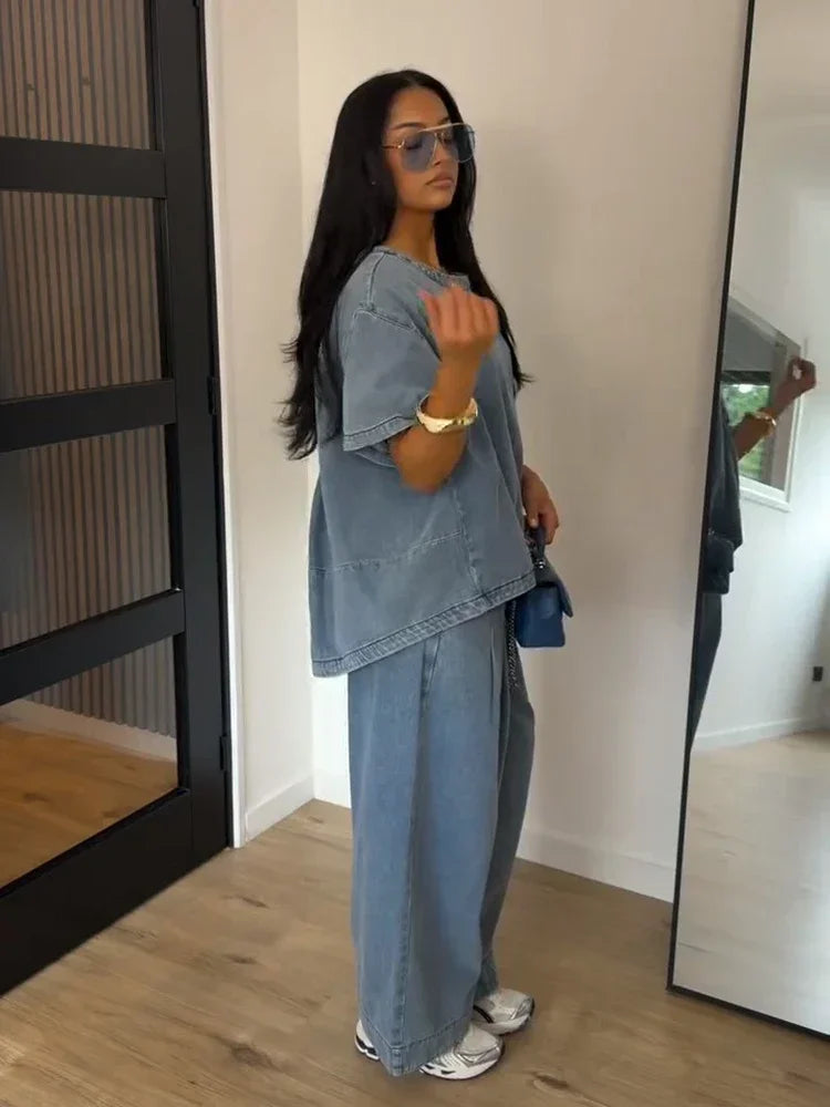 Casual Denim Blouse Trousers Suit Women Blue Half Sleeve O-Neck Top Pleated Tops Wide Leg Pants Set Female Autumn Chic Lady Sets