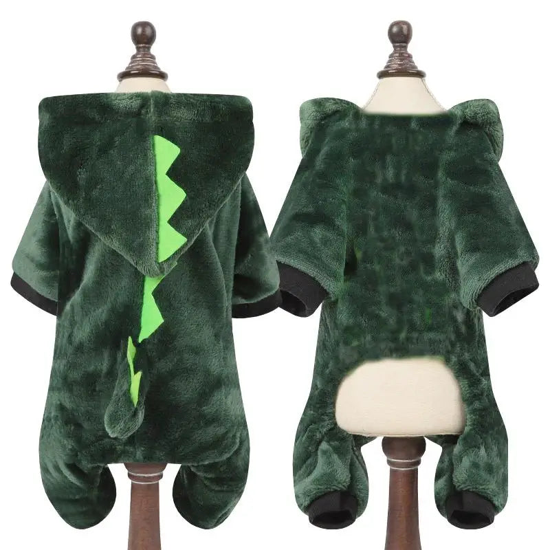 ropa de perro de forro polar verde oscuro con felpa y temática de dinosaurio, para perros pequeños, con un detalle llamativo de espiga zigzag en verde lima y ribete negro en las puños.
