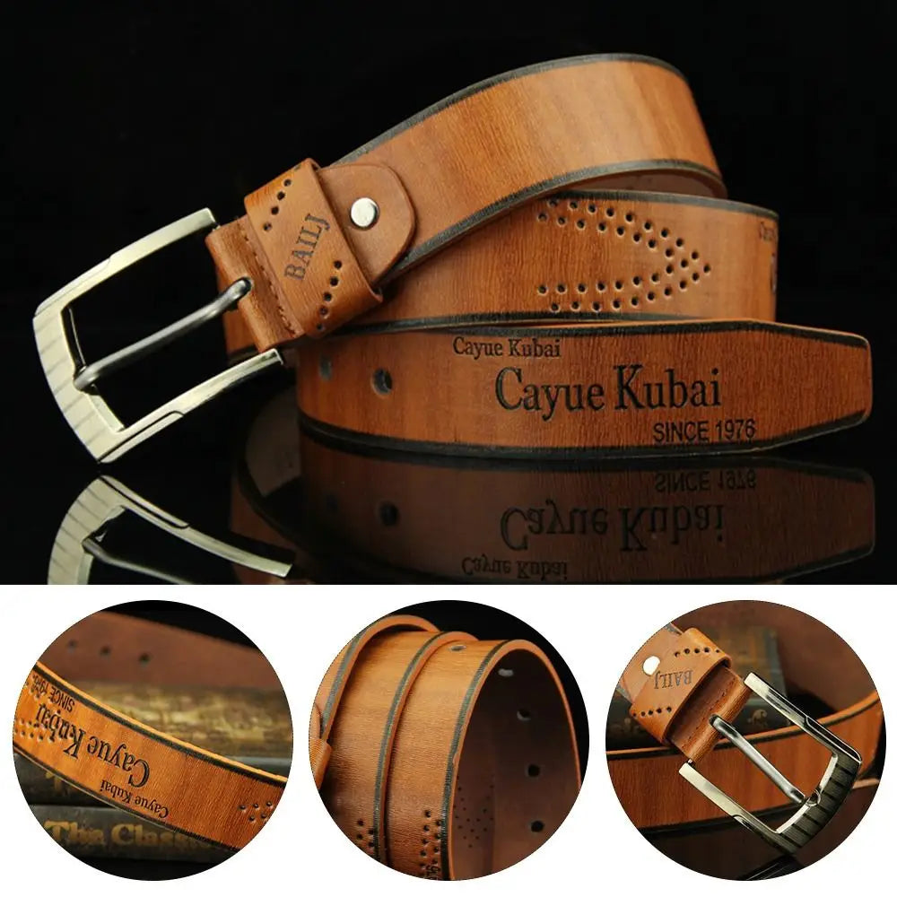 Ceinture en cuir pour homme, vintage, pour taille d’affaires, en cuir beige, avec une boucle à ton argenté et une mention Cayue Kubai « depuis 1976 » gaufrée.