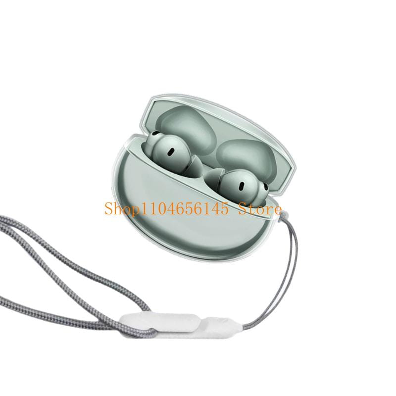 銀色仕上げの Huawei FreeBuds Pro イヤホンが、グレーの編み込みランヤード付きの充電ケースに収まっている様子を、Oneplus Buds 4 用の透明 TPU 保護ケースとともに示した商品