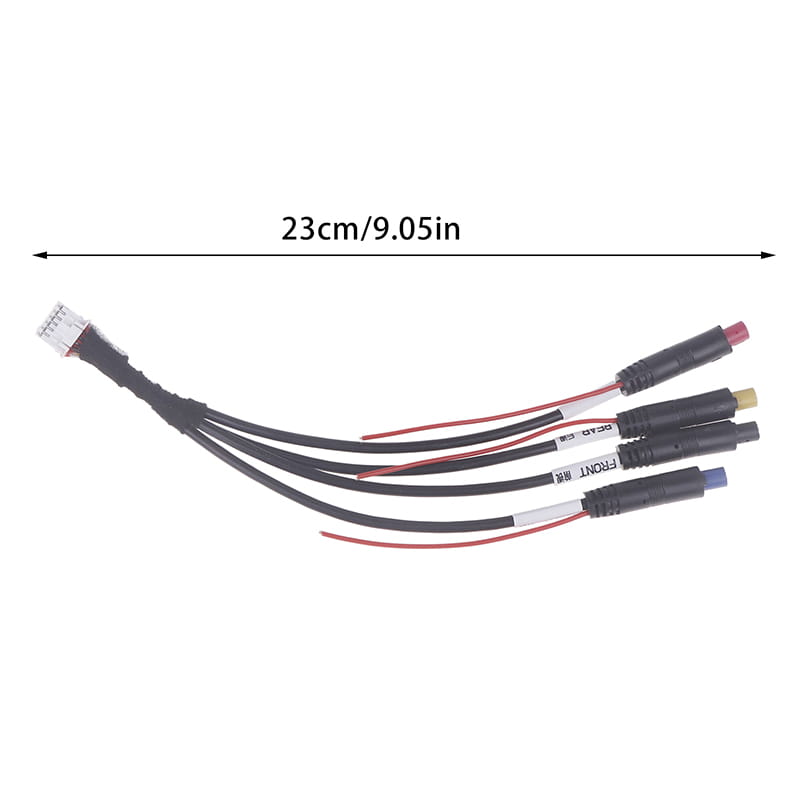 Cable de cámara de salpicadero negro de 12 pines para radios Android, con varios conectores y extremos rojo, amarillo y azul.