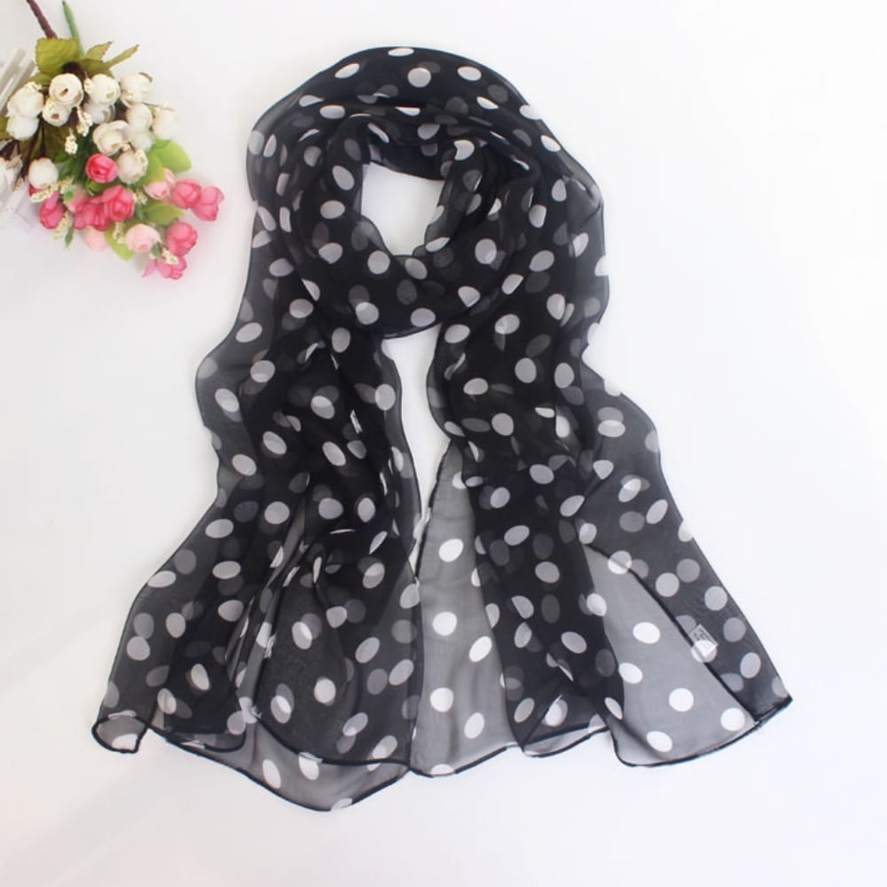 black sheer silk head wrap scarf with white polka dots showcasing delicate transparency and elegant pattern
