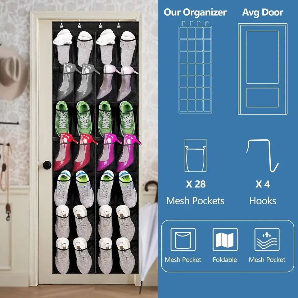 Organisateur de chaussures suspendu à la porte en maille noire, avec 28 poches et quatre crochets, conçu pour un montage sur la porte afin d’assurer un rangement efficace des chaussures.