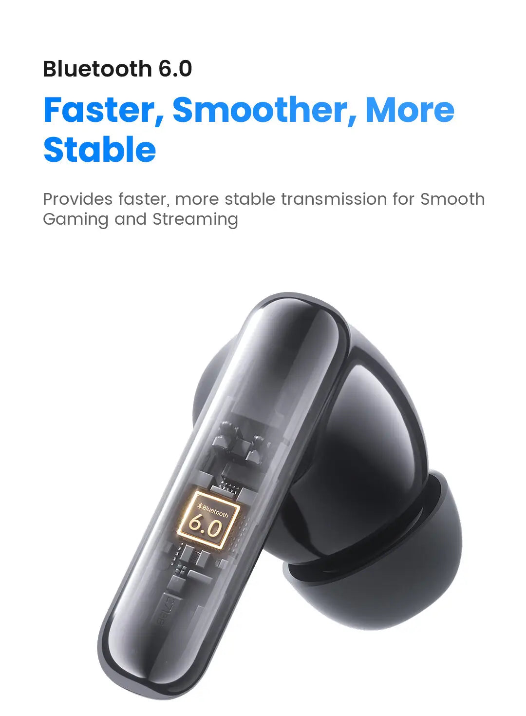 Écouteurs sans fil Haylou Flowbuds N55 noirs avec boîtier transparent révélant les composants internes et un marquage Bluetooth 6.0 à accents dorés, mettant en avant une autonomie avancée et la compatibilité avec l’étui de charge.