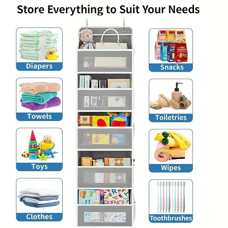 Gray fabric hanging storage organizer with large capacity pockets features multiple clear-fronted compartments and a top handle, suitable as a hanging bag for efficient over-the-door storage.