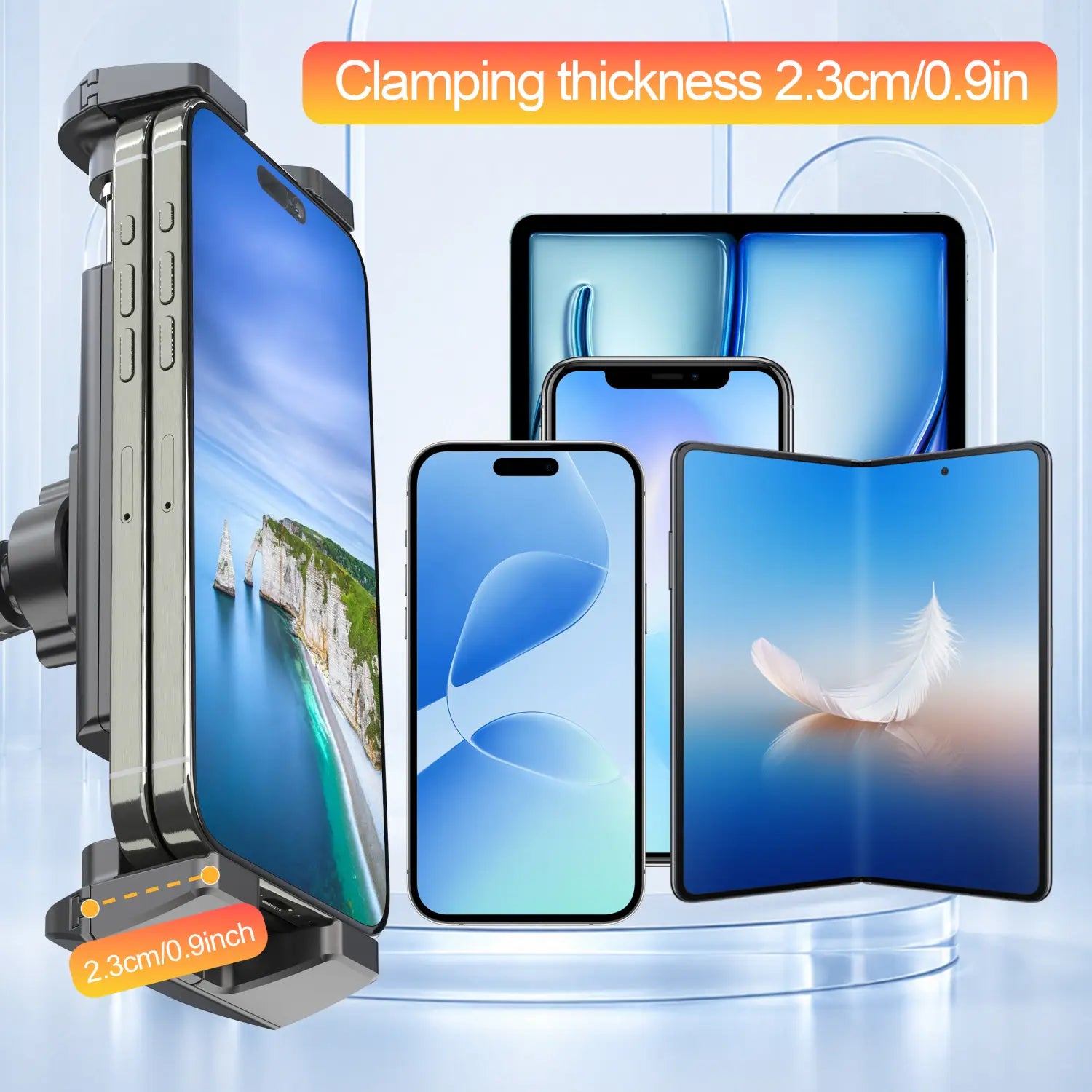 Black universal phone clamp with adjustable clamping thickness for various device sizes on a tablet holder tripod with adjustable length universal mount.