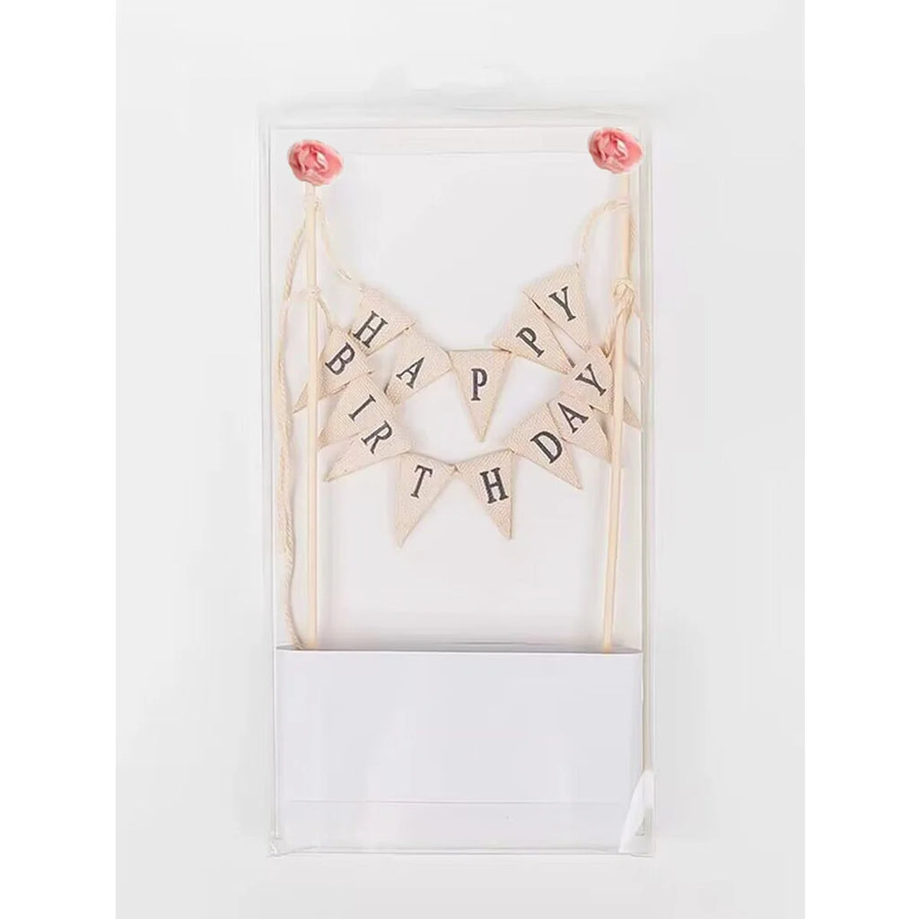 Happy Birthday Cake Bunting Topper Cake Topper Garland, Handmade Pennant Flags with Wood Pole Ivory (With Pink Rose)