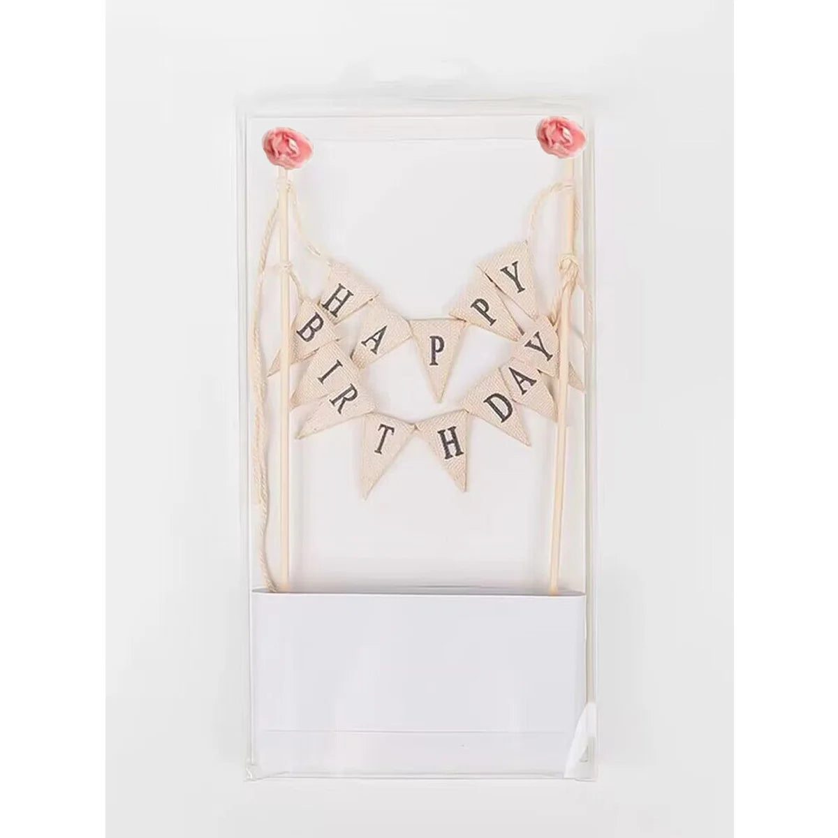 Happy Birthday Cake Bunting Topper Cake Topper Garland, Handmade Pennant Flags with Wood Pole Ivory (With Pink Rose)