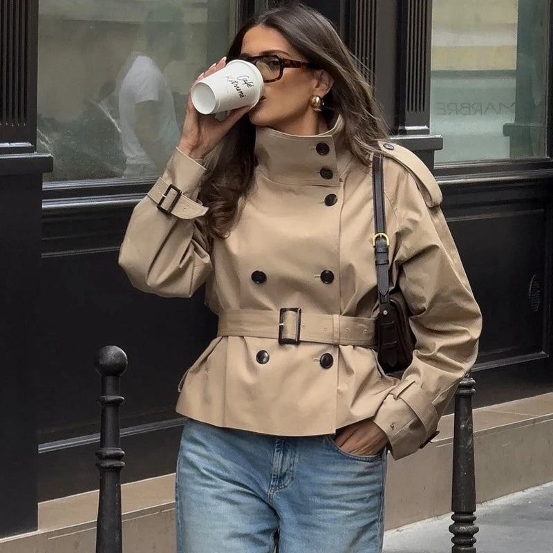 Women's Trench Coat Khaki Short Stand Collar Double Breasted Long Sleeve Jacket 2026Spring Autumn New Lady Casual Street Outwear