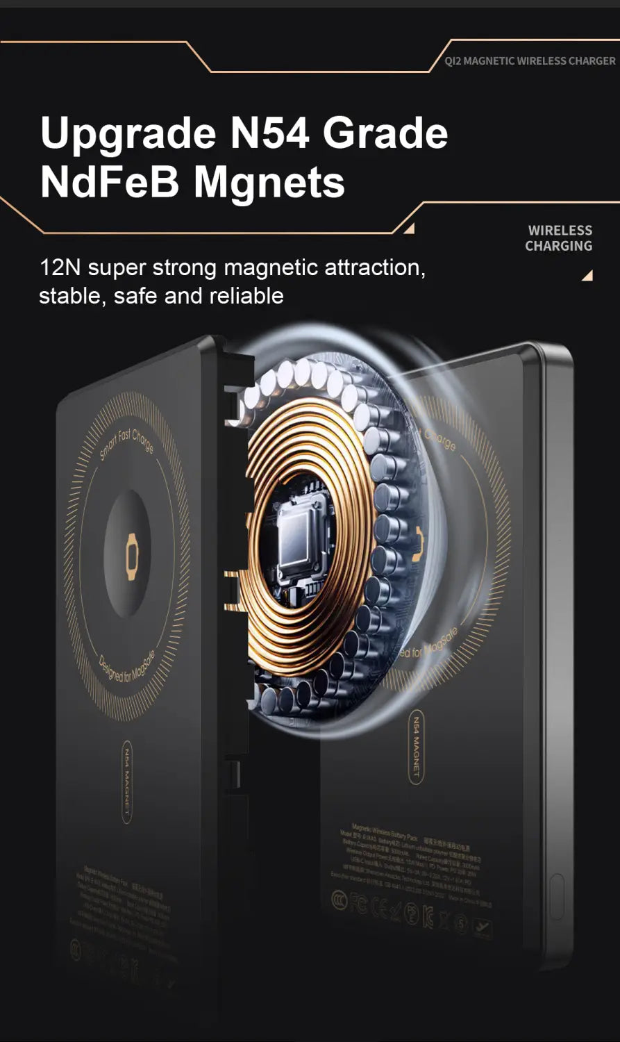 Schwarze Qi2-Magnet-Wireless-Powerbank 10000mAh mit vergoldeten Akzent-N54-Magneten aus NdFeB und kreisförmigem Spulendesign.