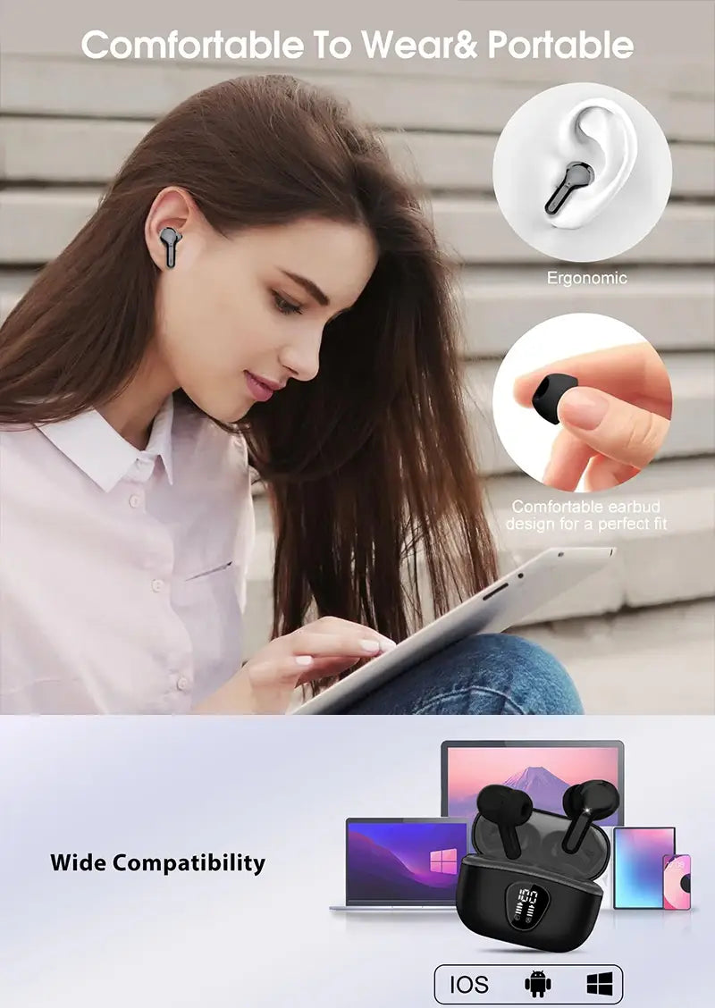 Uyuxio-Wireless-Ohrhörer, Bluetooth 5.3, EN-Kopfhörer, in Schwarz mit schlankem ergonomischem Design und weichen Silikon-Ohrspitzen für angenehmen Tragekomfort.