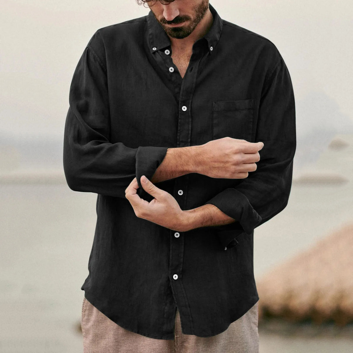 2025 New Men's Retro Tops Shirts For Man Shirt Solid Color Casual Collar Cardigan Fashion Versatile Top Street Trendy Shirt