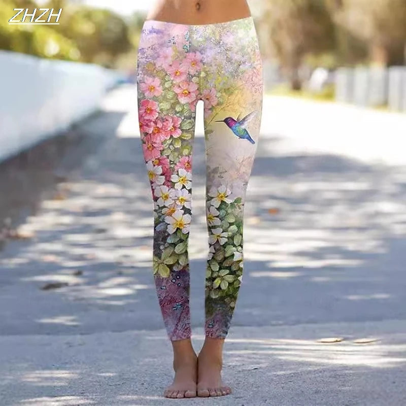 Women's Leggings Natural Floral Printed Outdoor Pants Polyester Spandex Stretch Elastic Waist,Control Fall Winter Streetwear