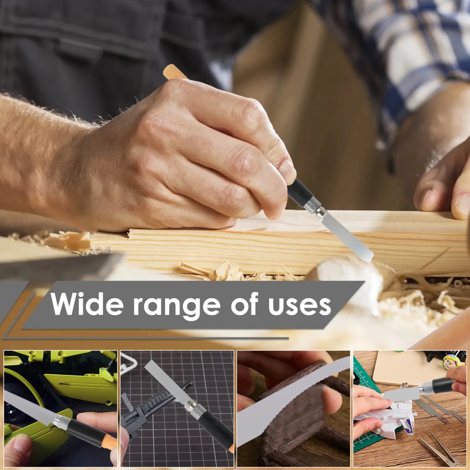 A mini hand saw kit for precision model making featuring a sleek black-handled wood carving tool with a silver blade and textured grip.