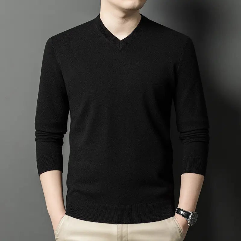 Schwarzer V-Ausschnitt-Strickpullover für Herren mit langen Ärmeln und gerippten Bündchen aus weichem Material
