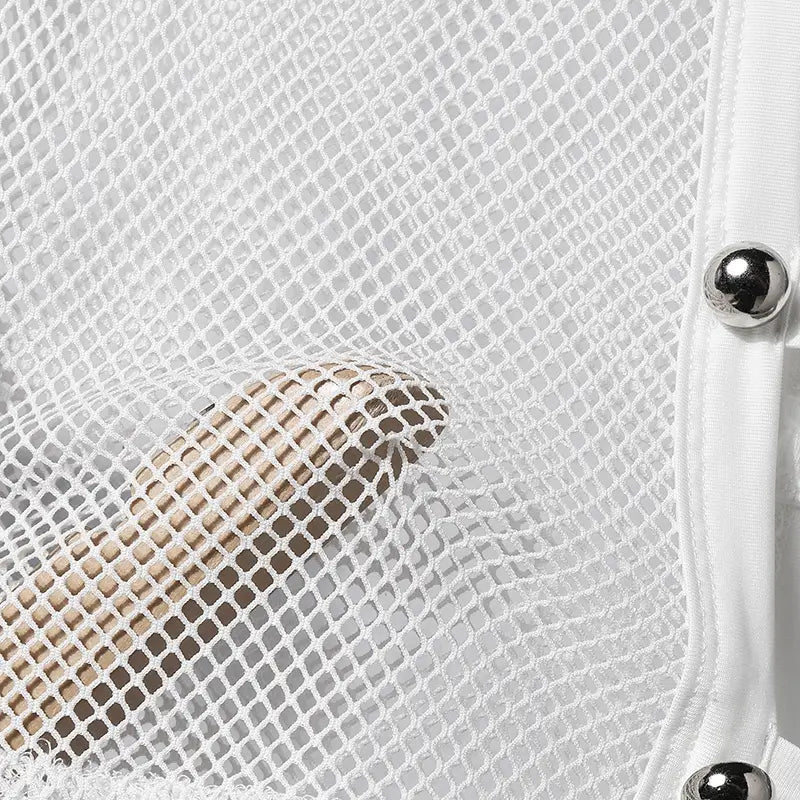 White mesh turtleneck tank top for men featuring a subtle sheen and metallic spherical buttons along the edge.
