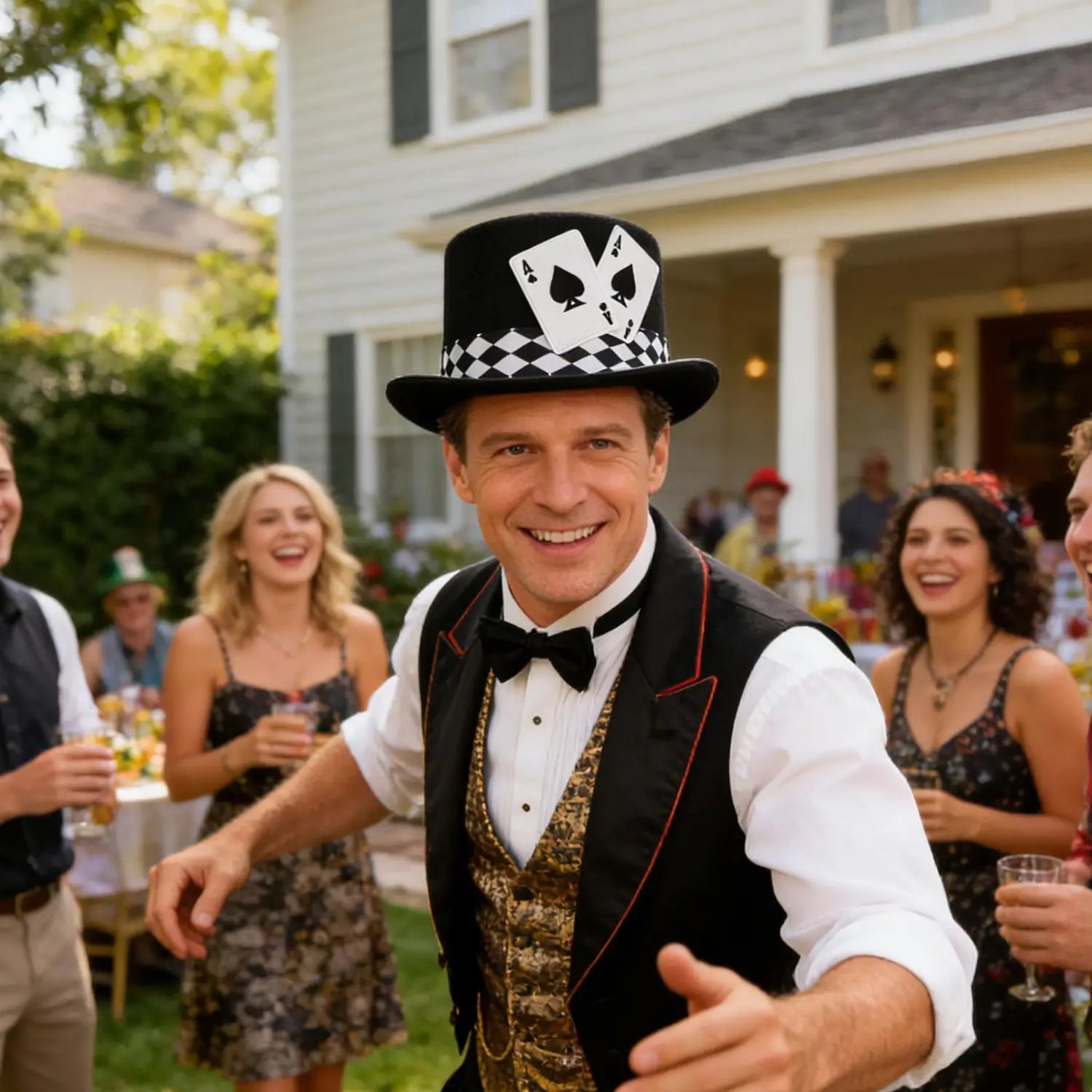 Black top hat magician playing card costume accessory adorned with a white ace of spades and a checkered band.