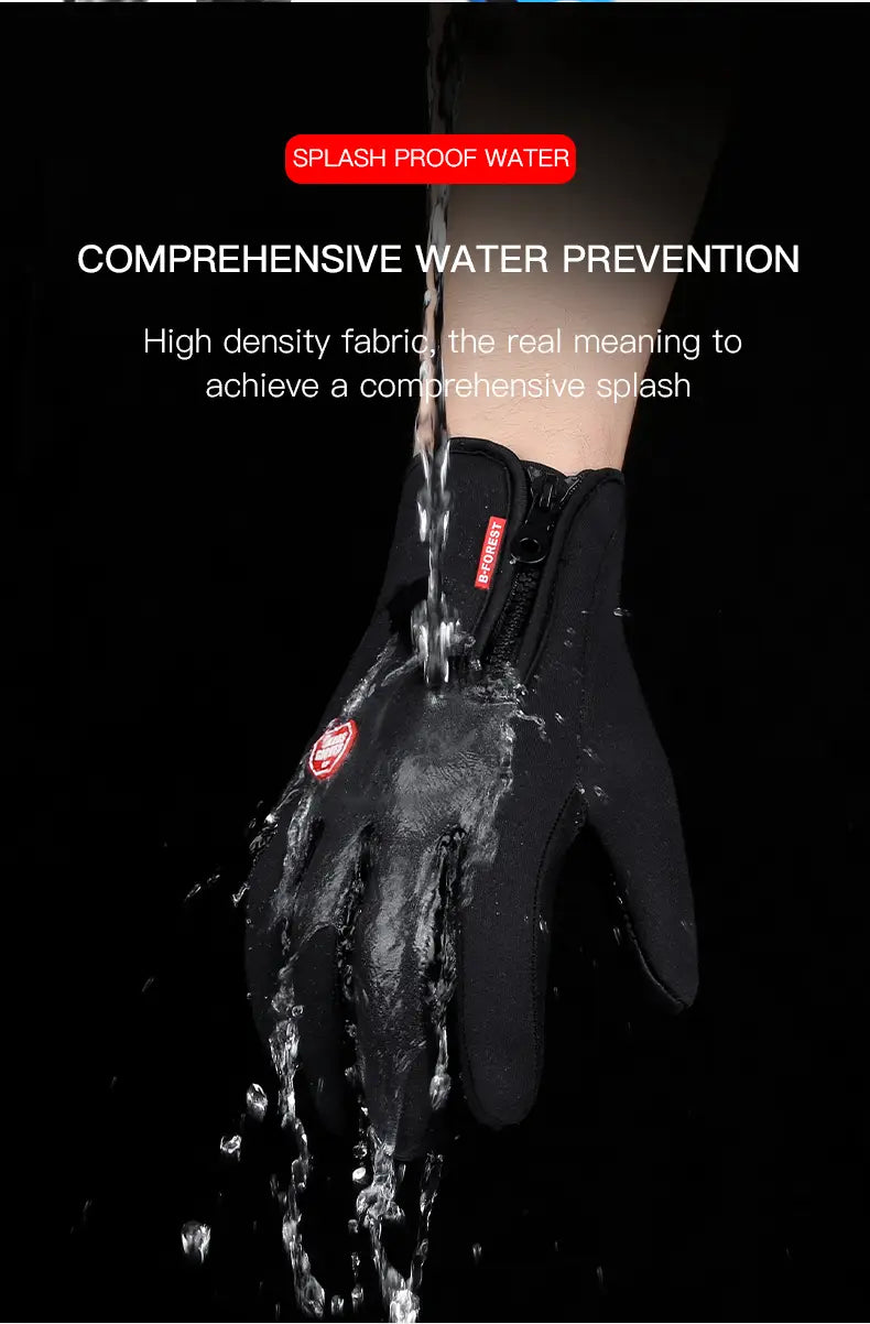 Guante de ciclismo con pantalla táctil a prueba de agua y a prueba de viento negro para hombres y mujeres, mostrado desde el reverso, con un logotipo rojo en la mano y cierre con cremallera.
