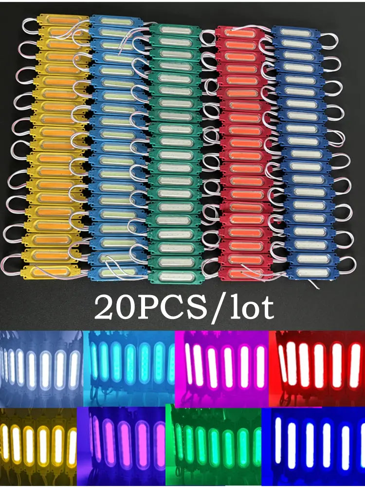 wasserdichte LED-Module 12 V Multicolor COB-Backlight mit ultrabrillanten LED-Streifen in Gelb, Blau, Grün und Rot, mit weißer Verdrahtung.