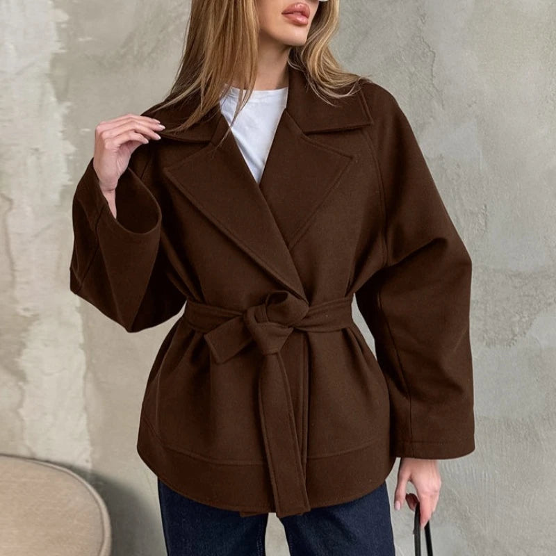 Fall Winter Woolen Coat Women's Elegant Loose Suit Collar Tie Joker Long-sleeved Woolen Coat Women's Clothes