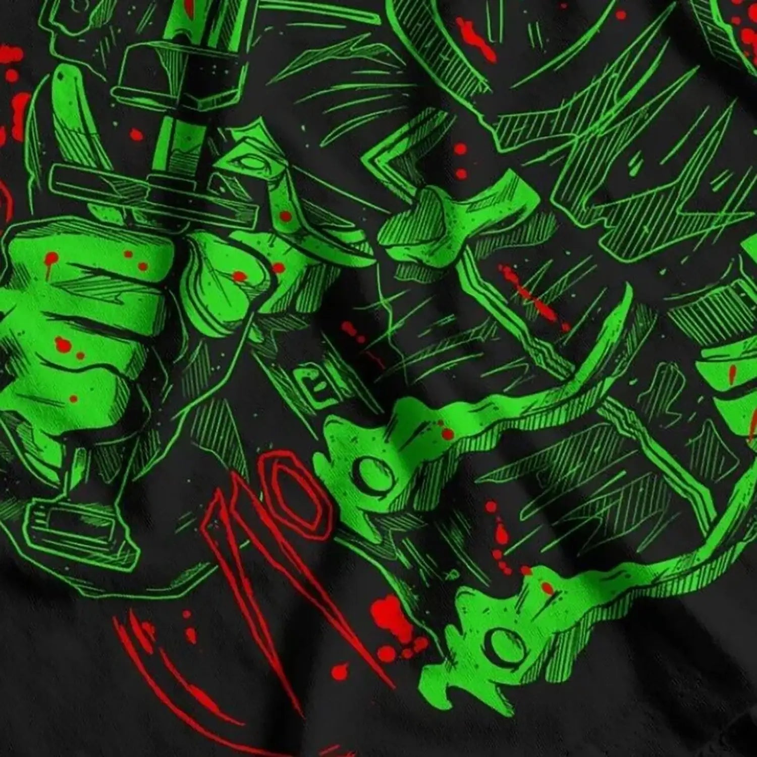 Black Seaquest Dsv vintage graphic cotton t-shirt featuring a bold neon green and red stylized hands gripping weapons graphic with splatters.