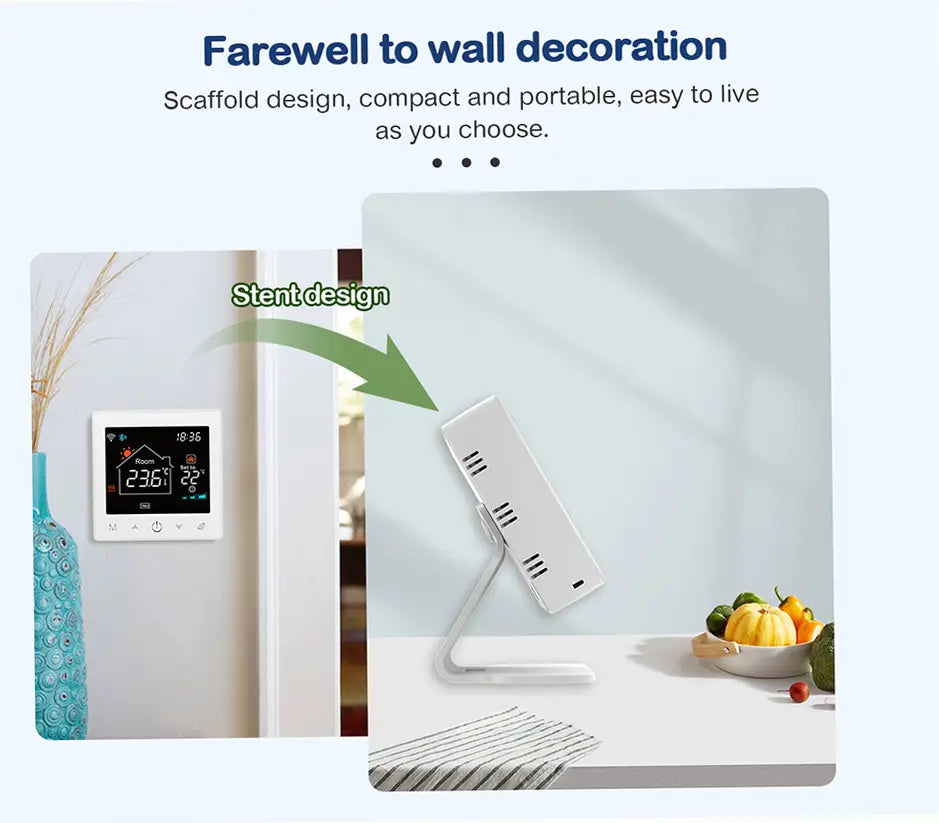 Weiẞer eleganter Smart-Thermostat mit digitaler Anzeige für Temperatur und Uhrzeit, montiert auf einer modernen Gerüst-ähnlichen Heimschalter-Tischhalterung, ausgelegt für die wandfreie Nutzung.