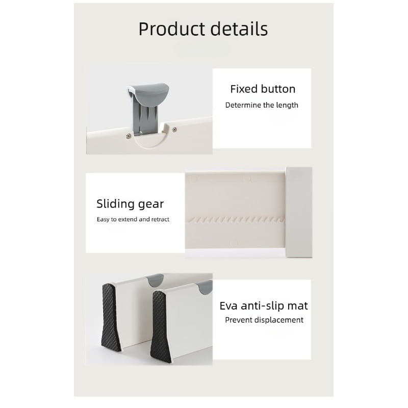 cloison de tiroir en plastique ajustable blanche et noire avec engrenage coulissant, bouton fixe pour le réglage de la longueur et tapis antidérapant en EVA pour un rangement organisé.