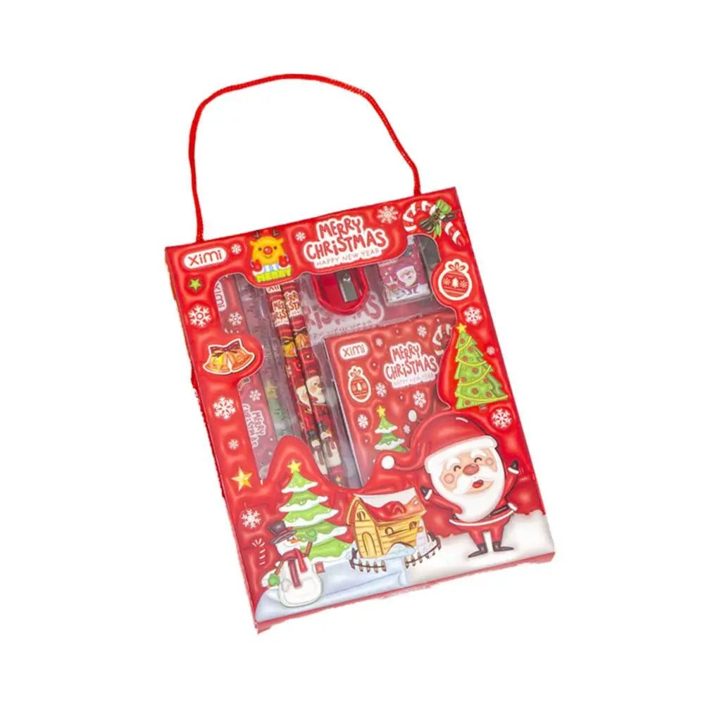 Red Christmas-themed glossy plastic stationery gift set featuring Santa snowmen and trees with a red handle for kids titled Space Theme Cartoon Kids Stationery Set.