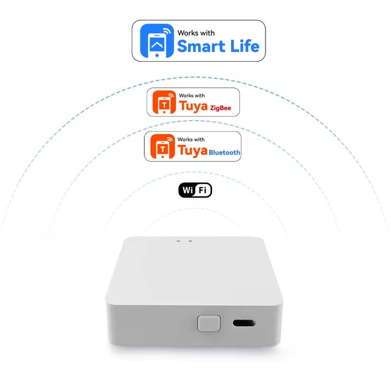 Weiße rechteckige Multi-Mode-Gateway-Hub mit einer einzelnen Taste und USB-C-Anschluss, entwickelt für die Smart-Life-Integration in Zigbee- und Bluetooth-Systemen