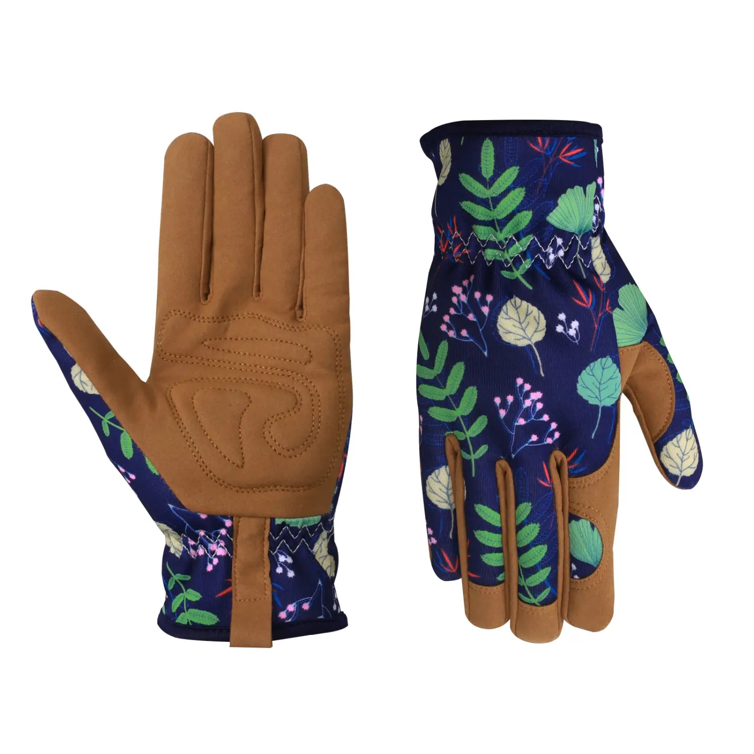 Gants de jardinage floraux bleu marine pour femmes, avec tissu respirant et finitions cuir tan anti-épines sur les paumes, les doigts et le poignet, présentés du côté arrière.