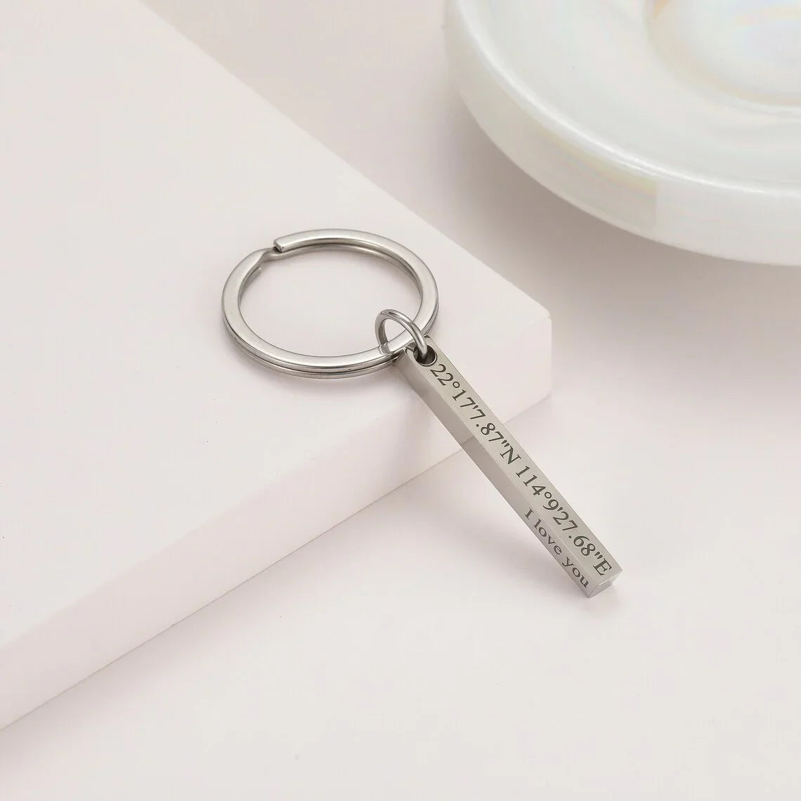 Personalized Engraved Bar Keychain Stainless Steel Four Side Coordinates Keyring Custom 3D Bar Key Chains Women Men Gift
