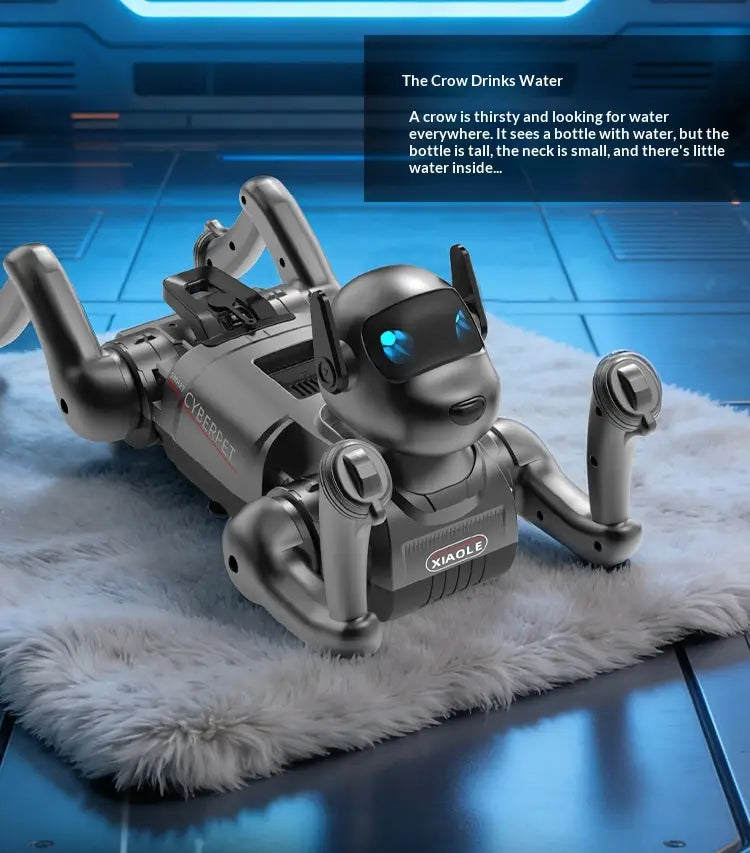 Silver robotic crow toy with articulated limbs and glowing blue eyes branded cyberpet by xiaole, featured as an ai smart robot dog interactive electronic pet.