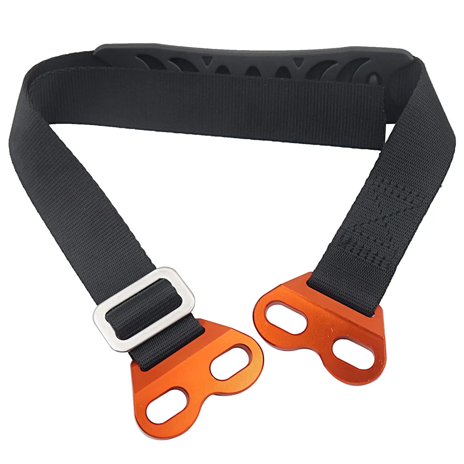 Orangefarbener Aluminium-Karabiner-artiger Befestigungsriemen mit schwarzem Gurtband und silberner Schnalle im Dirtbike-Abschleppgurt-Set für Vorder- und Rückholriemen.