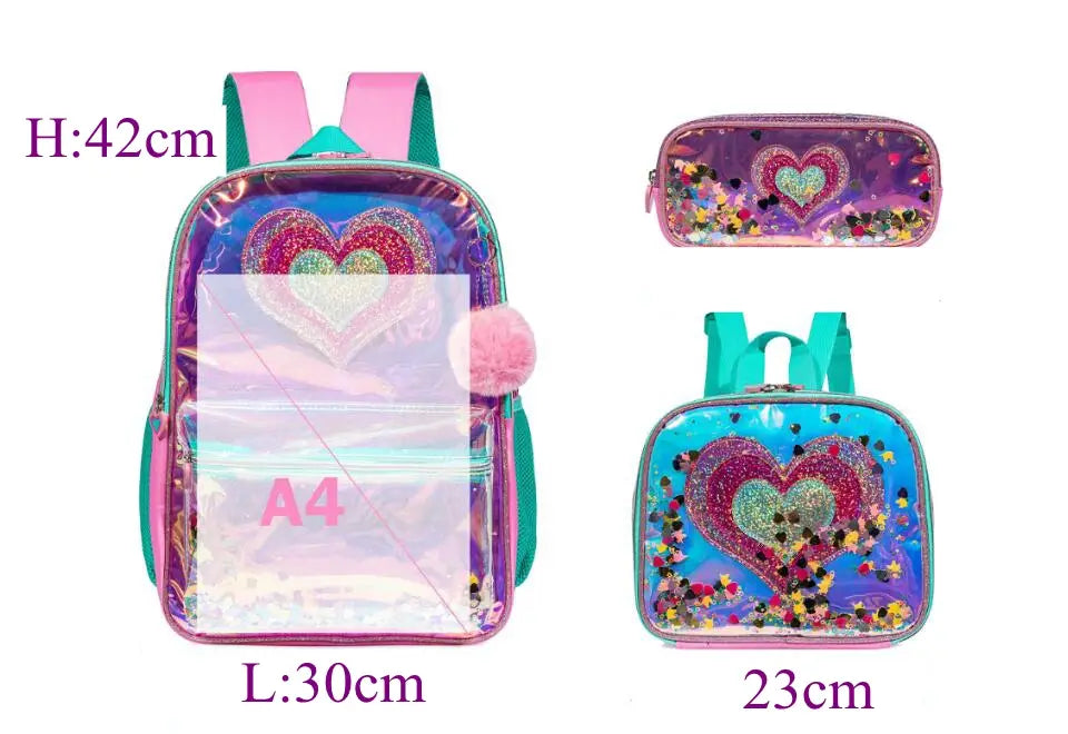 Schimmernder, holografischer Schulrucksack für Mädchen mit pinken und türkisfarbenen Trägern und einem glitzernden Herzdesign, gefüllt mit farbigem Konfetti.