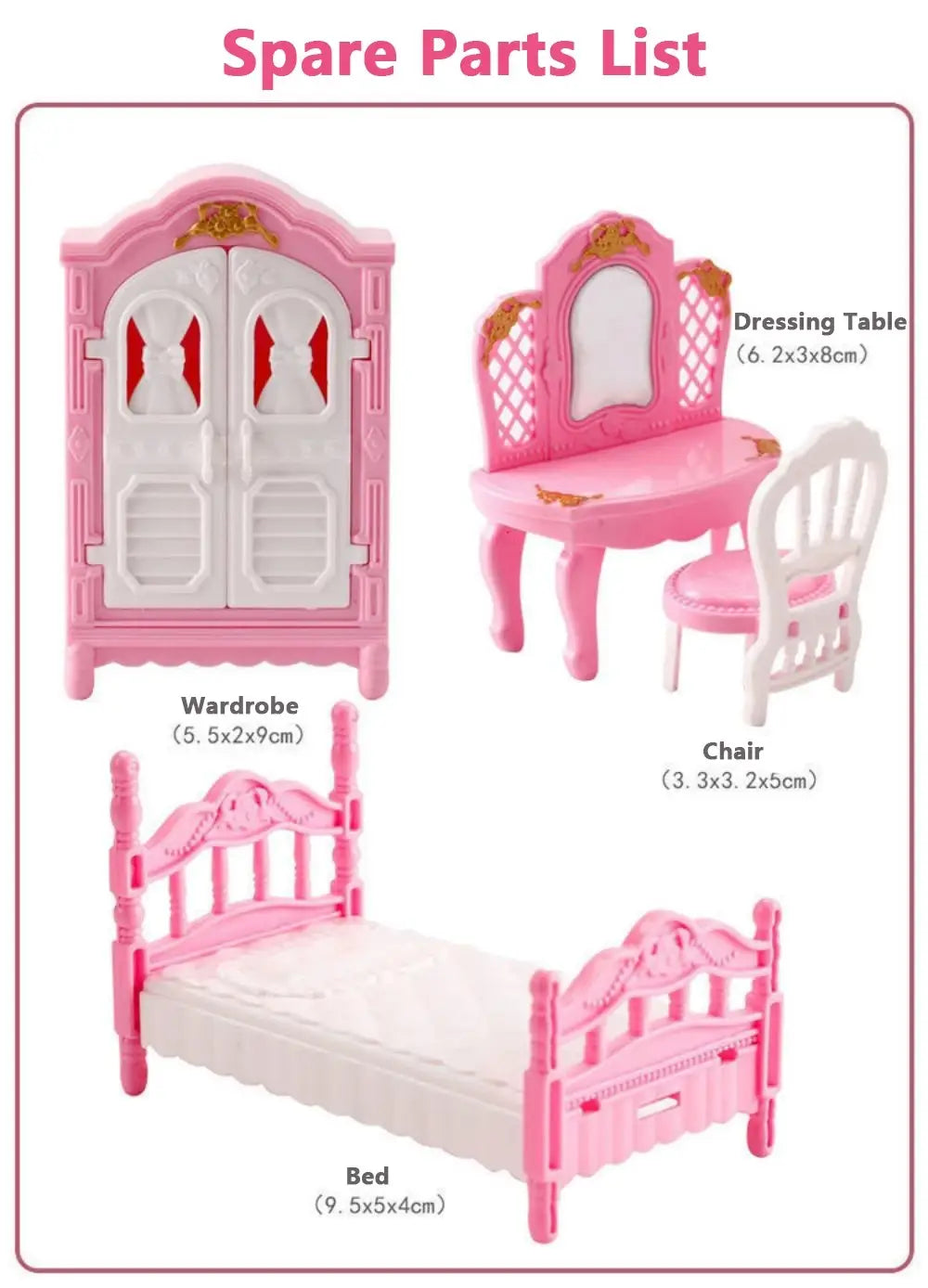 Set für eine Puppenhaus-Schlafzimmereinrichtung im Miniaturformat aus rosa Kunststoff mit einem Kleiderschrank, einem Schminktisch mit Spiegel und einem Bett, entworfen für Puppenhausküchen.