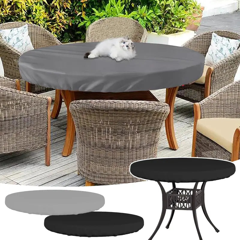 Funda de mesa de jardín al aire libre redonda impermeable en gris, elaborada con tejido suave de textura ligeramente marcada.