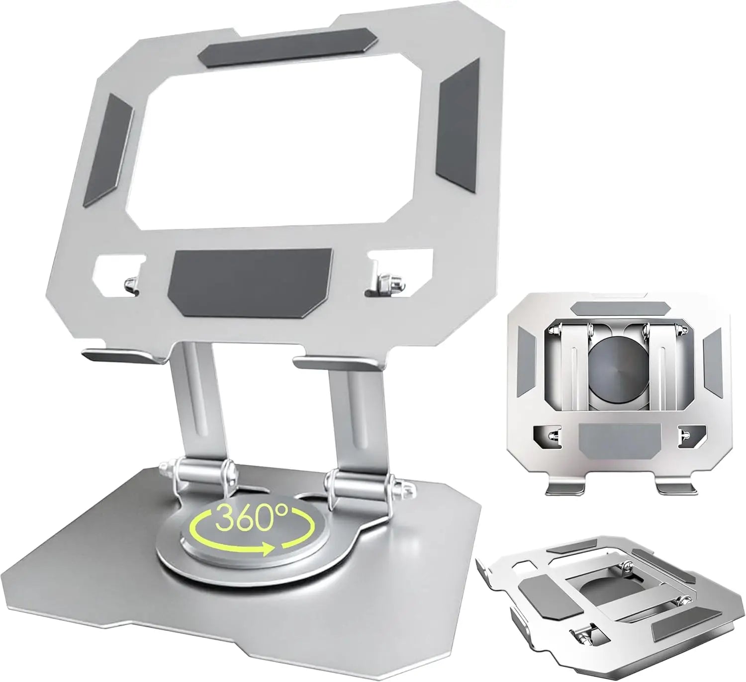 Base metálica para tableta plateada con base giratoria de 360 grados y soporte de altura ajustable para iPad Pro