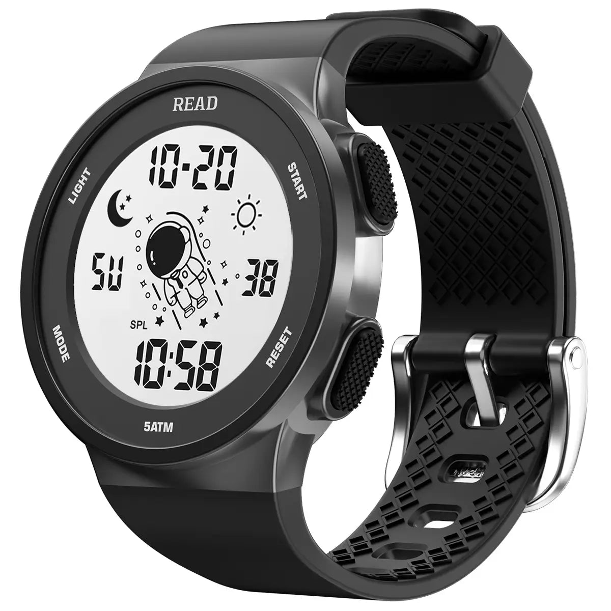 Black digital led women’s waterproof silicone sport watch with a white face featuring an astronaut graphic and multiple display modes including time date and weather indicators.