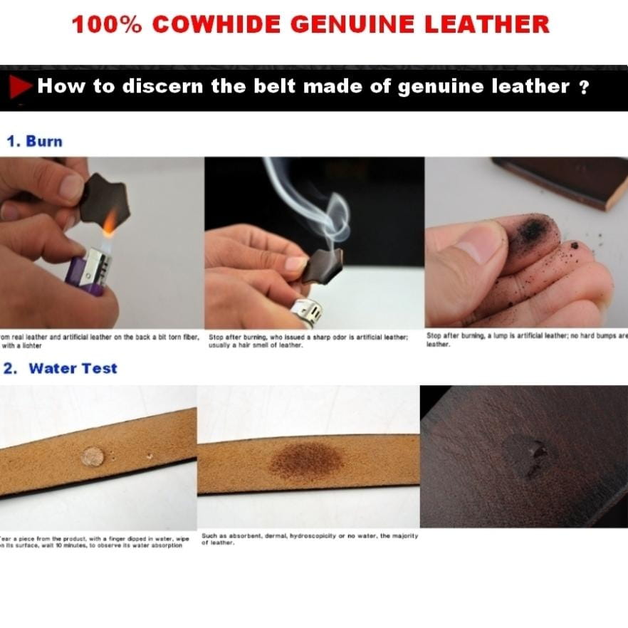 a brown leather belt strap with a textured surface shown in instructional images demonstrating how to test its authenticity for the brass owl belt buckle genuine leather men jeans belt