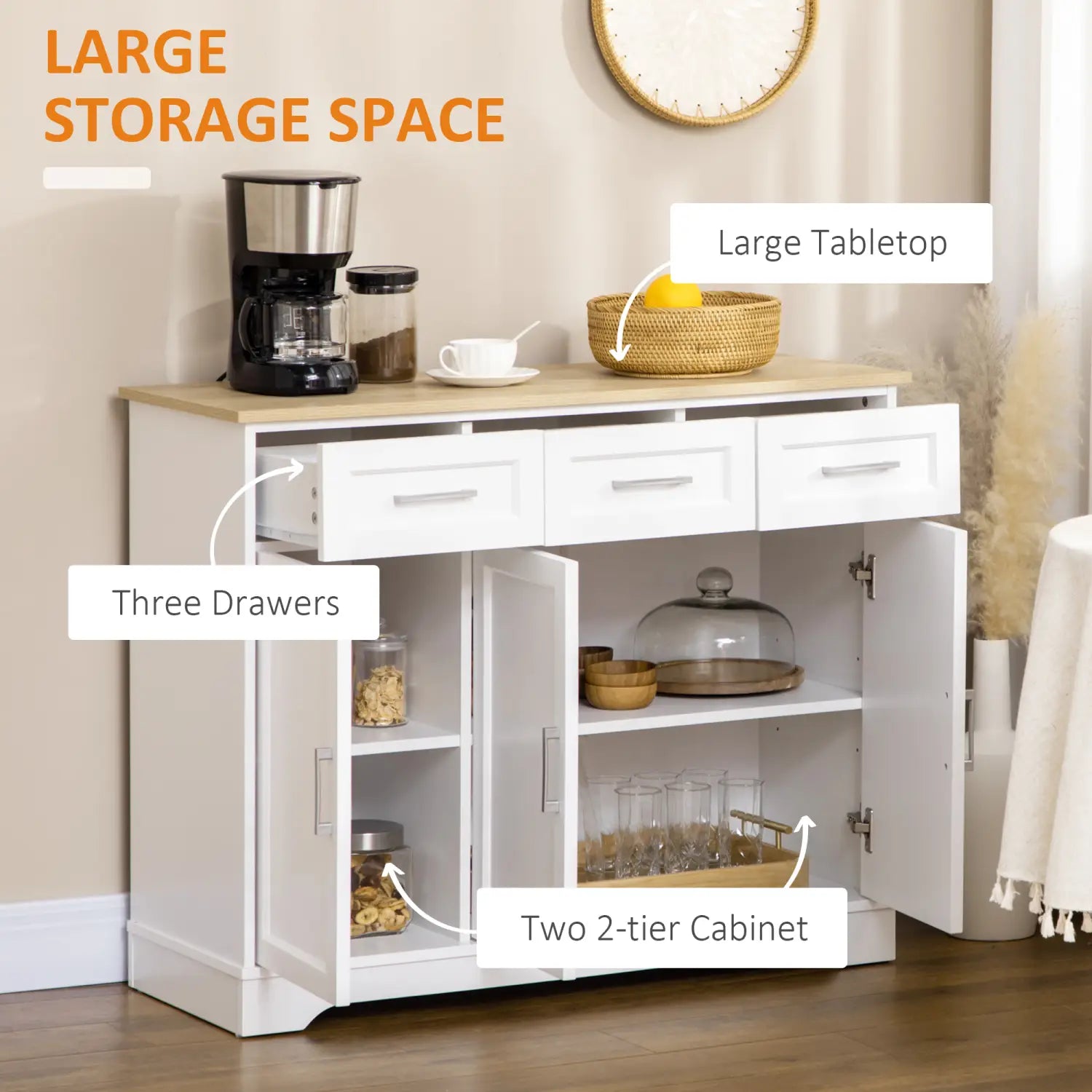 white kitchen sideboard buffet cabinet with light oak tabletop, three drawers, and two 2-tier glass-door cabinets for storage