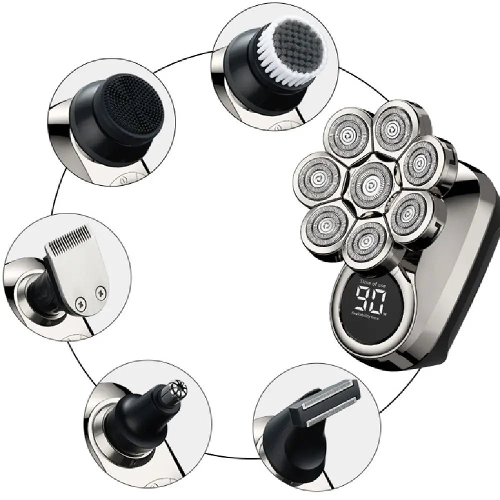 silver and black 8-in-1 electric head shaver waterproof grooming kit with multiple interchangeable heads including brush head trimmer and nose hair clipper
