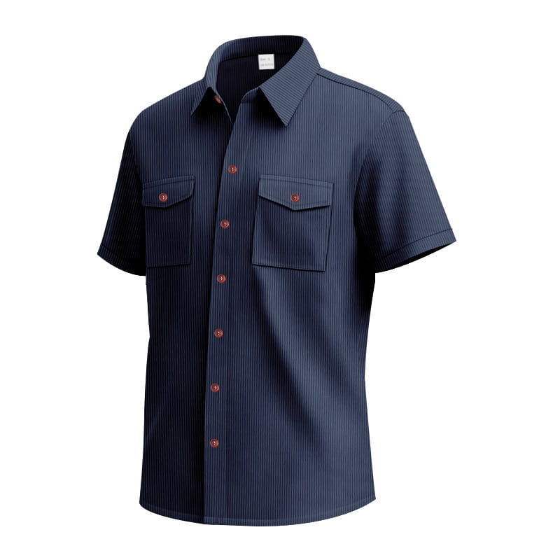 Navy blue loose corduroy short sleeve workwear shirt with fine vertical stripes and rust-colored buttons.