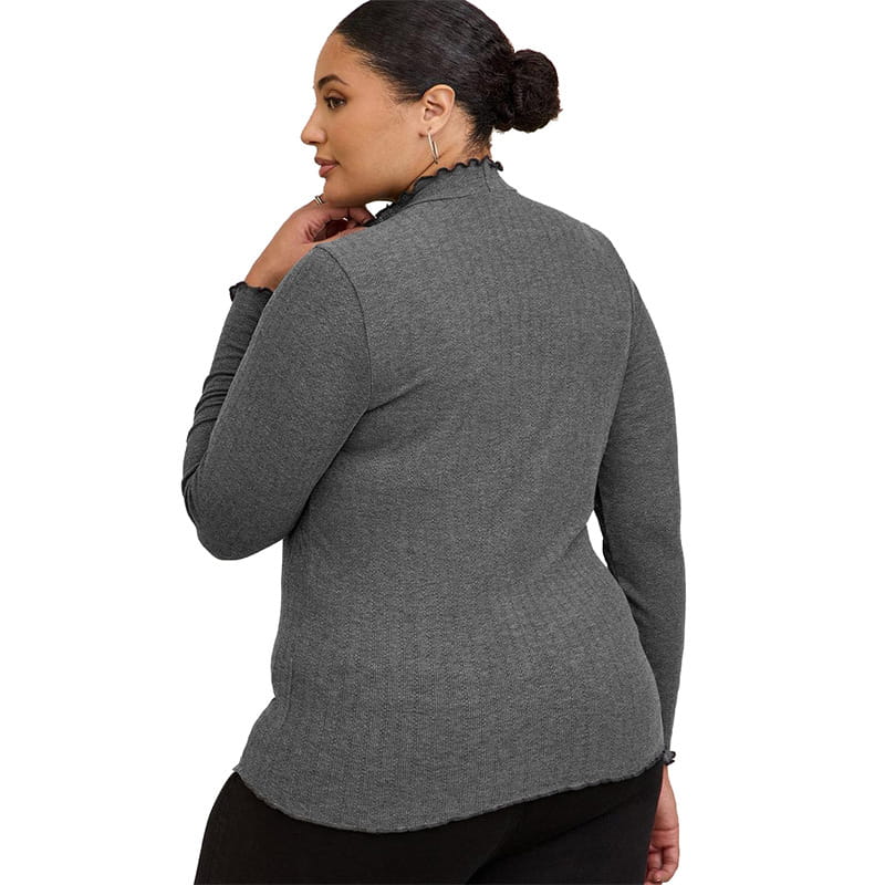 women’s gray ribbed knit slim fit sweater with ruffled collar and mock neck made of textured knit material