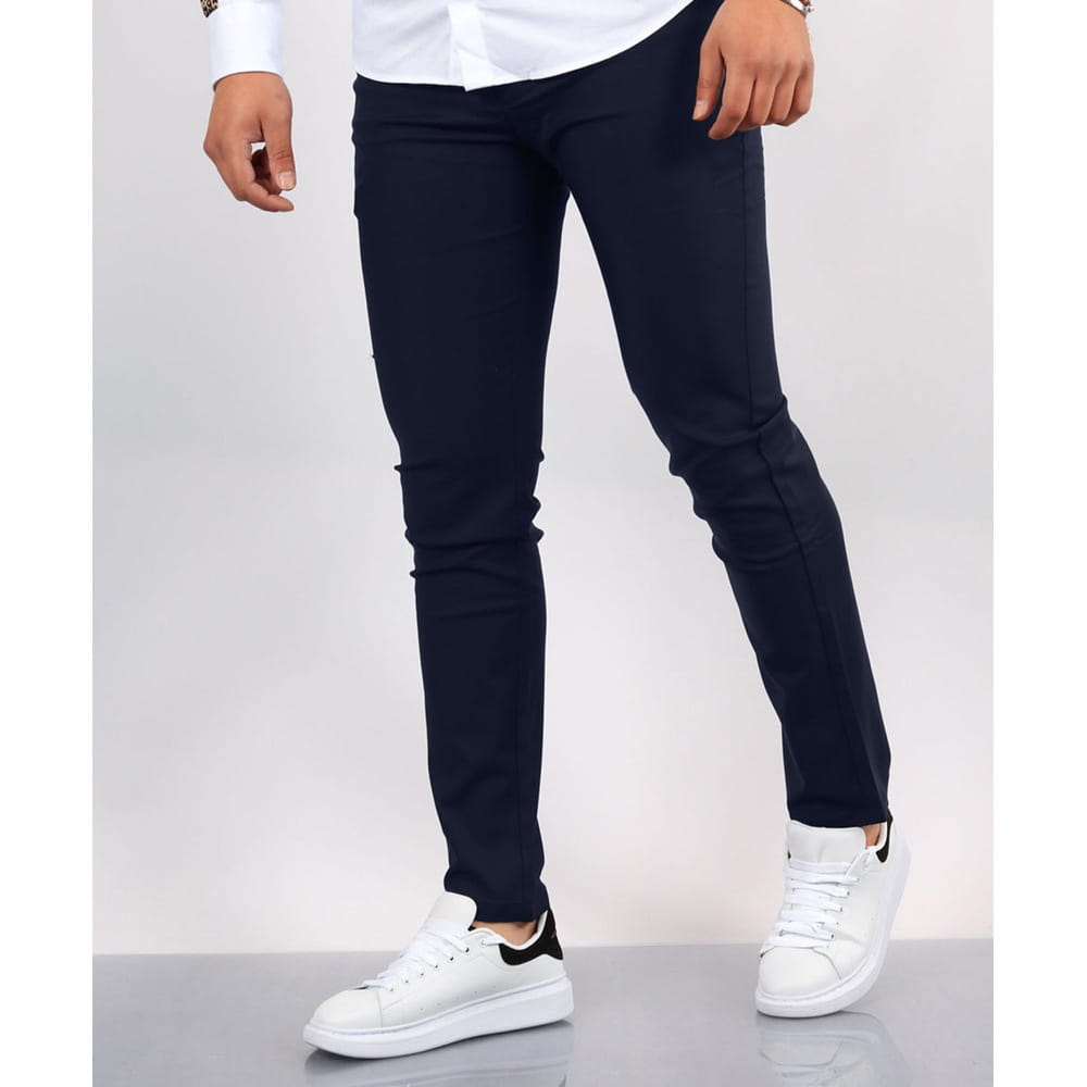 navy blue slim fit modern cotton blend pencil trousers for men displayed from the front angle