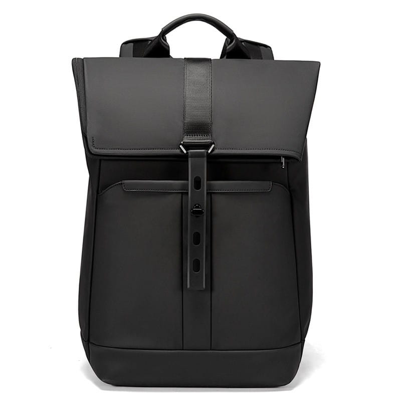 Black nylon business backpack with large capacity 30l featuring a roll-top design and front flap secured by a vertical strap.